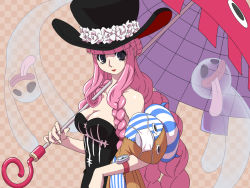  1girl bare_shoulders breasts cleavage female_focus ghost hat highres kumacy lipstick long_hair looking_at_viewer makeup one_piece parasol perona pink_hair red_lips sabaody_archipelago smile solo stuffed_animal stuffed_toy tongue umbrella very_long_hair  rating:Sensitive score:10 user:iyaz