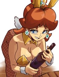  1girl bent_over blue_eyes bottle breasts brown_hair cleavage crown detached_collar earrings fishnets flower_earrings freckles holding holding_bottle jewelry large_breasts mario_(series) medium_hair mini_crown moxydraws nintendo princess_daisy rabbit_ears rabbit_tail solo wrist_cuffs 
