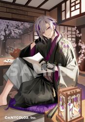  1boy architecture barefoot black_gloves black_jacket black_kimono branch bridge cherry_blossoms closed_mouth copyright_notice cushion earrings east_asian_architecture envelope eyeshadow falling_petals floral_print flower folded_fan folding_fan foot_out_of_frame fuwa_minato fuwa_minato_(5th_costume) gloves grey_hair hair_between_eyes hair_over_shoulder hand_fan haori holding holding_paper indoors jacket japanese_clothes jewelry kimono knee_up lantern light_particles long_hair long_sleeves looking_at_viewer lowro_(en) makeup male_focus multicolored_hair nijisanji official_alternate_costume official_art paper petals pink_flower pink_hair purple_eyes purple_hair purple_sash red_eyeshadow sample_watermark sash sitting smile solo streaked_hair swept_bangs table tassel tassel_earrings tatami teapot tree vase virtual_youtuber watermark zabuton 