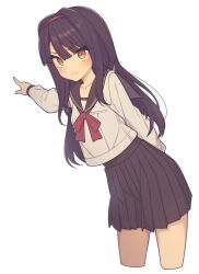  1girl arm_behind_back black_sailor_collar black_skirt blunt_bangs blush breasts closed_mouth collarbone commentary cropped_legs everyntrge hairband long_hair long_sleeves original paid_reward_available pleated_skirt pointing pointing_to_the_side red_hairband red_ribbon ribbon sailor_collar school_uniform serafuku sidelocks simple_background skirt small_breasts solo sweatdrop white_background yellow_eyes 