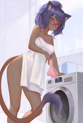  1girl animal_ears arm_under_breasts bare_legs breasts cat_ears cleavage dark-skinned_female dark_skin feet_out_of_frame final_fantasy final_fantasy_xiv green_eyes highres holding holding_clothes holding_panties holding_underwear indoors large_breasts laundry leaning_forward naked_towel original panties pink-framed_eyewear pink_panties purple_hair shchrit solo tail towel underwear washing_machine 