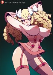  1girl armpits arms_behind_head ass blonde_hair bottomless bow breasts clitoris corset curly_hair drill_hair fire_emblem fire_emblem_awakening garter_straps gloves hair_bow hair_ornament heart highres intelligent_systems kinkymation large_breasts long_hair maribelle_(fire_emblem) nintendo nipples pink_eyes pink_gloves pink_thighhighs pussy shiny_skin solo tagme thighhighs thighs topless uncensored  rating:Explicit score:91 user:BigStudBen