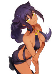  1girl :3 arched_back ass bikini bikini_top_only black_footwear boots braid breasts cleavage closed_mouth collarbone dark-skinned_female dark_skin from_above gem hair_flaps halterneck halterneck hand_on_own_arm jahy jahy-sama_wa_kujikenai! konbu_wakame long_hair looking_at_viewer looking_up medium_breasts o-ring o-ring_bikini o-ring_top official_art purple_bikini purple_hair purple_shorts revision shorts sidelocks simple_background single_braid solo swimsuit thigh_boots thighhighs thighs v-shaped_eyebrows very_long_hair white_background  rating:Sensitive score:120 user:danbooru