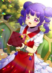  1girl :d blurry blurry_background bow box collared_shirt commentary_request commission depth_of_field dragon_wings fire_emblem fire_emblem:_the_sacred_stones fire_emblem_heroes flower frilled_shirt_collar frills gift gift_box green_wings hair_flower hair_ornament holding holding_gift kou_hiyoyo layered_skirt myrrh_(fire_emblem) myrrh_(valentine)_(fire_emblem) nintendo open_mouth pleated_skirt puffy_short_sleeves puffy_sleeves purple_eyes purple_hair red_shirt shirt short_sleeves skeb_commission skirt sleeveless sleeveless_shirt smile solo twintails white_flower white_skirt wings yellow_bow 