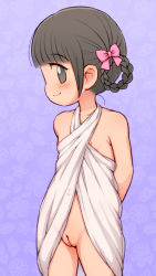  1girl bare_arms bare_shoulders black_hair blunt_bangs blush bow braid braided_hair_rings cleft_of_venus closed_mouth collarbone commentary_request fat_mons floral_background grey_eyes groin hair_bow hair_rings lasto loli looking_at_viewer looking_to_the_side nipples original pink_bow profile purple_background pussy sidelocks smile solo  rating:Explicit score:146 user:danbooru