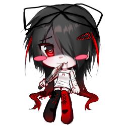  1girl 2000s_(style) absurdres bandaged_arm bandages black_bow black_hair black_socks blood blood_on_face bloody_weapon bow chibi hakashitaijou highres holding holding_knife knife looking_at_viewer one_eye_covered original pale_skin panties red_eyes red_hair red_panties red_socks shirt sitting socks underwear weapon white_shirt x7 