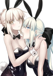  2girls absurdres animal_ears artoria_pendragon_(all) artoria_pendragon_(fate) bare_shoulders bite_mark bite_mark_on_neck black_leotard blonde_hair blood blood_in_mouth blue_eyes blush braid breasts cleavage detached_collar fake_animal_ears fangs fate/grand_order fate_(series) grey_hair hand_on_another&#039;s_shoulder highleg highleg_leotard highres incest large_breasts leotard long_hair longdq3008 looking_at_viewer medium_breasts morgan_le_fay_(fate) multiple_girls open_mouth pantyhose playboy_bunny ponytail rabbit_ears rabbit_tail saber_alter saliva siblings sidelocks sisters tail very_long_hair wrist_cuffs yellow_eyes yuri 