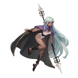 1girl absurdres aqua_hair bare_legs braid breasts cleavage cloak covered_navel dark-skinned_female dark_elf dark_skin elf full_body hair_intakes highres holding holding_weapon large_breasts leotard long_hair medium_breasts noma_takafumi official_art pointy_ears polearm psd_available purple_cloak red_eyes rosalinde_(unicorn_overlord) sandals simple_background smile solo strapless strapless_leotard third-party_source twin_braids unicorn_overlord very_dark_skin very_long_hair weapon white_background white_leotard