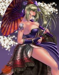  1girl blonde_hair blue_eyes bow breasts cleavage floral_background hair_bow highres large_breasts legs long_hair long_legs looking_at_viewer nail_polish setsuka sideboob solo soul_calibur soulcalibur_iv sword tattoo thick_thighs thighs umbrella watermark weapon xuexue_yue_hua  rating:Sensitive score:30 user:soc