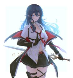  1girl black_choker black_skirt blue_eyes blue_hair breasts choker commission cosplay counter:side cowboy_shot falchion_(fire_emblem) fire_emblem fire_emblem_awakening hair_between_eyes highres holding holding_sword holding_weapon jacket joo_shiyoung joo_shiyoung_(cosplay) kobayashi_yuu long_hair looking_at_viewer lucina_(fire_emblem) navel nintendo open_clothes open_jacket shirt skirt small_breasts solo sword sword_behind_back symbol_in_eye thigh_strap velephyr voice_actor_connection weapon white_background white_shirt 