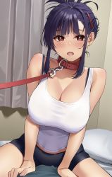 1girl bare_arms bare_shoulders bike_shorts black_shorts blush breasts cleavage collar elder_cousin_(igarashi_kyouhei) hair_ornament hairclip highres igarashi_kyouhei indoors large_breasts leash leash_pull long_hair looking_at_viewer open_mouth original pillow purple_hair red_eyes red_neckwear shorts sleeveless solo tank_top viewer_holding_leash white_tank_top rating:Sensitive score:69 user:danbooru