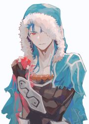  1boy blood blue_hair capelet cu_chulainn_(caster)_(fate) cu_chulainn_(fate)_(all) deep_wound earrings fate/grand_order fate_(series) fur-trimmed_hood fur_trim highres hood hood_up hooded_capelet injury jewelry long_hair male_focus muscular muscular_male one_eye_covered red_eyes simple_background skin_tight smile solo taratotati vambraces 