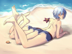  1girl arm_support ass ayanami_rei barefoot beach blue_hair breasts cutoffs extra_asses extra_legs feet feet_up female_focus full_body gammatelier looking_at_viewer looking_back lying medium_breasts multi_leg neon_genesis_evangelion nipples ocean on_stomach outdoors red_eyes seashell shell short_hair shorts soles solo starfish toes topless what  rating:Questionable score:27 user:namelessdude80