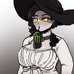  alcina_dimitrescu black_hair breasts cleavage curly_hair dress drinking drinking_straw energy_drink flower glowing glowing_eyes hat highres jewelry large_breasts lipstick makeup monster_energy necklace red_lips resident_evil resident_evil_village rose sleepyatelier vampire white_dress yellow_eyes  rating:Sensitive score:18 user:nollypop