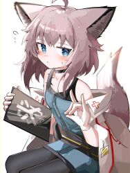  1girl absurdres ahoge animal_ear_fluff animal_ears arknights black_choker black_pantyhose blue_dress blue_eyes blush breasts brown_hair choker cleavage collarbone dress feet_out_of_frame flying_sweatdrops fox_ears fox_girl fox_shadow_puppet fox_tail highres holding jacket off_shoulder open_clothes open_jacket pantyhose parted_lips simple_background sitting sleeveless sleeveless_dress small_breasts solo spam_(spamham4506) sussurro_(arknights) sweat tail white_background white_jacket 