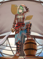  1girl absurdres barrel boots ceres_fauna female_focus highres hololive hololive_english hood saber_(weapon) ship solo sword watercraft weapon  rating:General score:2 user:gelbesei