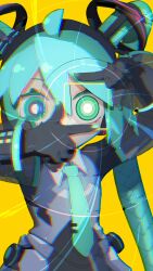  1girl absurdres ahoge android aqua_eyes aqua_hair aqua_nails aqua_necktie blue_hair burenai_ai_de_(vocaloid) cable cable_hair cheri_zao chromatic_aberration commentary covering_own_mouth detached_sleeves finger_frame green_eyes hatsune_miku headgear headphones heterochromia highres joints long_hair looking_at_viewer mechanical_parts mechanization necktie ringed_eyes robot robot_girl robot_joints see-through see-through_sleeves simple_background solo twintails upper_body very_long_hair vocaloid yellow_background  rating:General score:12 user:danbooru