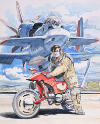  1980s_(style) 1boy aircraft astronaut black_eyes boots brown_hair cable canards canopy cloud cockpit day engine gainax gainaxtop gloves gun honneamise_no_tsubasa hose looking_at_viewer machine_gun machinery male_focus marker_(medium) motor_vehicle motorcycle mountain official_art oldschool production_art propeller realistic retro_artstyle sadamoto_yoshiyuki scan science_fiction shadow shirotsugh_lhadatt solo spacesuit tire traditional_media tree tube vehicle weapon 