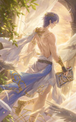  1boy ancient_greek_clothes architecture backlighting black_gloves blue_hair book closed_eyes closed_mouth dr._ratio_(honkai:_star_rail) fingerless_gloves from_behind gladiator_sandals glitter gloves greco-roman_architecture greco-roman_clothes helen_zzhao highres holding holding_book honkai:_star_rail honkai_(series) laurel_crown male_focus muscular muscular_male sandals short_hair smile solo standing twitter_username watermark yellow_leaves 