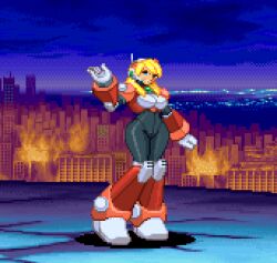  1girl alia_(mega_man) arm_up armor blonde_hair blue_eyes bodysuit breasts curvy grin highres large_breasts looking_at_viewer marvel_vs._capcom medium_hair mega_man_(series) mega_man_x_(series) parted_lips pixel_art smile solo thick_thighs thighs wide_hips 