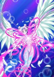  1girl bishoujo_senshi_sailor_moon bishoujo_senshi_sailor_moon_stars blue_background blue_eyes crescent crescent_facial_mark dot_nose double_bun facial_mark feathered_wings feathers forehead_mark full_body hair_bun head_tilt henshin legs_together long_hair looking_at_viewer marco_albiero naked_ribbon official_style outstretched_arms parted_bangs pink_ribbon ribbon signature smile solo sparkle split_mouth spread_arms tamegai_katsumi_(style) thigh_gap tsukino_usagi twintails white_feathers white_wings wings 