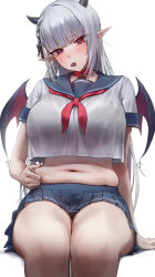  1girl absurdres arm_support bare_legs belly belly_grab braid breasts candy chocolate chocolate_heart commentary commission cropped_shirt cross cross_earrings demon_girl demon_wings earrings feet_out_of_frame food grey_hair head_tilt heart highres invisible_chair jewelry large_breasts long_hair looking_at_viewer miniskirt monegi mouth_hold navel neckerchief original pleated_skirt plump pointy_ears red_eyes red_neckerchief school_uniform serafuku shirt_overhang short_sleeves simple_background sitting skirt solo straight_hair very_long_hair weight_conscious white_background wings  rating:Sensitive score:19 user:danbooru