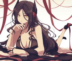  1girl :o arknights arm_support black_dress black_hair black_nails breasts cleavage commentary_request cross-shaped_pupils dress horns ines_(arknights) jewelry large_breasts lari_lab long_hair looking_at_viewer lying meme_attire modakawa_dress multiple_rings nail_polish on_stomach red_ribbon ribbon ring simple_background solo spaghetti_strap symbol-shaped_pupils the_pose white_background yellow_eyes  rating:Sensitive score:6 user:danbooru