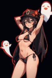  absurdres bikini ghost hat highres hu_tao_(genshin_impact) red_eyes swimsuit symbol-shaped_pupils tagme  rating:Questionable score:47 user:wormypoop