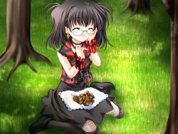  1girl black_hair blush cookie cross dress earrings closed_eyes fishnets food forest game_cg glasses grass jewelry natsuki_(triptych) nature necktie nimura_yuuji outdoors plaid plaid_skirt punk saiga_(company) skirt solo thighhighs triptych 
