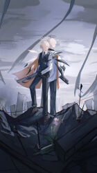  2boys absurdres arknights back-to-back bad_gun_anatomy bieshi black_pants black_vest blonde_hair blue_necktie brown_footwear building collared_shirt commentary enforcer_(arknights) english_commentary executor_(arknights) facing_away flower full_body grey_sky gun hair_over_one_eye halo highres holding holding_gun holding_weapon id_card jacket looking_at_another male_focus multiple_boys necktie outdoors pants purple_flower ruins shirt shoes sketch sky skyscraper standing vest weapon white_jacket white_shirt wings 