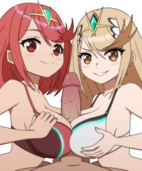  1boy 2girls :d animated animated_gif blonde_hair bra breasts circlet closed_mouth clothed_female_nude_male cooperative_paizuri earrings grin hetero highres jewelry kyde large_breasts large_penis long_hair looking_at_viewer medium_hair multiple_girls mythra_(xenoblade) nude open_mouth paizuri paizuri_over_clothes penis pov pyra_(xenoblade) red_bra red_eyes red_hair simple_background smile teeth underwear v-shaped_eyebrows veins veiny_penis white_background white_bra xenoblade_chronicles_(series) xenoblade_chronicles_2 yellow_eyes  rating:Explicit score:182 user:danbooru