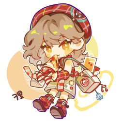  1girl apple apple_(reverse:1999) arm_warmers artist_name backpack bag beret bow bowtie brown_hair chibi diagonal-striped_bow diagonal-striped_bowtie diagonal-striped_clothes dress food fruit full_body hat headphones headphones_around_neck highres holding holding_food holding_fruit kneehighs looking_at_viewer loose_socks mouth_hold official_alternate_costume orange_eyes party_hat pizza_hut red_arm_warmers red_bow red_bowtie red_footwear red_hat red_scarf red_socks regulus_(reverse:1999) reverse:1999 scarf short_hair signature socks solo striped_clothes striped_scarf sweat white_bag white_bow white_bowtie white_dress white_scarf yellow_hat yuli_yuri 