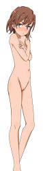  1girl :&lt; absurdres bare_legs bare_shoulders blush brown_eyes brown_hair cleft_of_venus collarbone completely_nude covering_breasts covering_privates crossed_arms embarrassed feet_out_of_frame female_focus flat_chest frown hair_ornament hairclip highres long_image looking_at_viewer looking_away matching_hair/eyes misaka_mikoto navel nude nude_filter pussy short_hair simple_background solo standing third-party_edit toaru_kagaku_no_railgun toaru_majutsu_no_index transparent_background  rating:Explicit score:78 user:Polemann