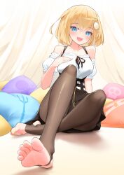  1girl barefoot black_skirt blonde_hair blue_eyes blush bob_cut breasts collarbone crossed_legs feet frilled_shirt frills hair_ornament hand_on_own_chest hololive hololive_english looking_at_viewer medium_breasts off_shoulder official_alternate_costume open_mouth pantyhose pillow pompmaker1 ribbon shirt short_hair sitting skirt smile soles stirrup_legwear toeless_legwear toes virtual_youtuber watson_amelia watson_amelia_(street_casual) white_shirt yellow_nails yellow_toenails  rating:Sensitive score:26 user:F_D