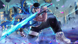  1boy absurdres arm_tattoo bandaged_leg bandages bara bare_arms beard black_hair blue_headband blue_shirt brucie_(infighter821) cross cross_necklace dungeon_and_fighter facial_hair fighting_stance full_beard glowing glowing_sword glowing_weapon gluteal_fold headband highres jewelry kulolin leg_belt male_focus male_priest_(dungeon_and_fighter) mature_male mechanical_sword muscular muscular_male necklace on_one_knee original second-party_source shirt short_hair sleeveless sleeveless_shirt solo sword_in_front_of_face tail tattoo thick_eyebrows tiger_tail v-shaped_eyebrows weapon 