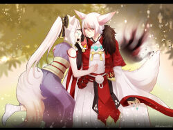  1boy 1girl anger_vein animal_ears blue_nails commentary_request dress feet_out_of_frame fingernails fox_boy fox_ears fox_girl fox_tail fur_collar hakama hakama_pants hakurou_(onmyoji) hand_on_another&#039;s_face hetero high_ponytail highres jacket japanese_clothes jewelry lanmei_jiang layered_sleeves long_dress long_hair long_sleeves looking_at_another magatama magatama_necklace necklace obi onmyoji open_mouth pants pelvic_curtain pink_eyes pom_pom_(clothes) purple_dress red_jacket sash seigaiha short_hair short_over_long_sleeves short_sleeves sleeveless sleeveless_dress smile socks tail textless_version very_long_hair white_hair white_pants white_socks wide_sleeves youko_(onmyoji) 
