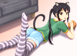 1girl animal_ears ball black_hair black_upholstery blouse brown_eyes casual cat_ears cat_tail couch denim denim_shorts diesel-turbo feet green_shirt k-on! long_hair looking_back lying nakano_azusa on_stomach patterned_legwear purple_thighhighs shirt shorts socks solo striped_clothes striped_socks striped_thighhighs tail thighhighs twintails two-tone_stripes rating:Sensitive score:35 user:danbooru