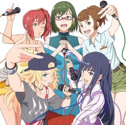  5girls absurdres amawashi_aoi aqua_eyes bare_shoulders baseball_cap birdie_wing:_golf_girls&#039;_story blonde_hair brown_eyes brown_hair choker earrings eve_(birdie_wing:_golf_girls&#039;_story) freckles glasses green_eyes green_hair hair_ornament hair_scrunchie hat highres holding holding_microphone jewelry lily_lipman long_hair looking_at_viewer matching_hair/eyes microphone multiple_girls one_eye_closed open_mouth parted_lips pink_eyes ponytail purple_eyes purple_hair red_hair saotome_ichina scrunchie shinjou_amane short_hair side_ponytail simple_background smile sosona stud_earrings v white_background wink 
