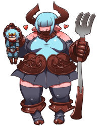  1boy 1girl aqua_hair armor bad_id bad_tumblr_id black_thighhighs blunt_bangs brown_gloves character_request cow_horns demon_girl detached_sleeves faulds fork giant giantess gloves hair_over_eyes heart hooves horns lifting_person matsuda_yuusuke plump pointy_ears short_hair sidelocks size_difference skirt thick_thighs thighhighs thighs yuusha_masatoshi yuusha_to_maou zettai_ryouiki 