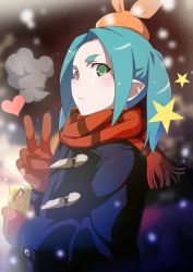 1girl bad_id bad_twitter_id blue_coat blue_hair closed_mouth coat cup duffel_coat gesugesu_ahoaho gloves green_eyes hat heart highres holding holding_cup light_blush looking_at_viewer monogatari_(series) ononoki_yotsugi orange_hat pointy_ears red_gloves red_scarf scarf solo star_(symbol) striped_clothes striped_scarf upper_body v winter winter_clothes rating:Sensitive score:23 user:danbooru