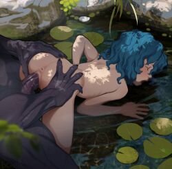  1boy 1girl anus ass ass_grab berserk blue_hair butterchalk closed_eyes commentary completely_nude english_commentary hetero highres isma loli monster nude open_mouth partially_submerged penis pussy sex sex_from_behind short_hair uncensored vaginal water  rating:Explicit score:464 user:danbooru