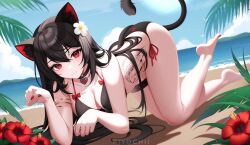  1girl :3 all_fours alternate_costume animal_ear_fluff animal_ears armlet armpit_crease ass bare_arms bare_legs bare_shoulders barefoot beach bikini black_bikini black_choker black_hair breasts cat_ears cat_girl cat_tail choker cleavage closed_mouth day flower hair_between_eyes halterneck heart heart_choker hibiscus highres kiyochii lanfear large_breasts long_hair looking_at_viewer nail_polish original outdoors paw_pose red_eyes red_flower red_nails side-tie_bikini_bottom smile solo stomach_tattoo string_bikini swimsuit tail tail_raised tattoo thigh_strap thighs very_long_hair vrchat 
