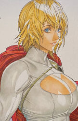  1girl blonde_hair blue_eyes breasts cape cleavage cleavage_cutout clothing_cutout dc_comics hair_between_eyes highres homare_(fool&#039;s_art) large_breasts looking_at_viewer parted_lips pink_lips power_girl red_cape short_hair smile solo superman_(series) sweater traditional_media turtleneck upper_body white_sweater 