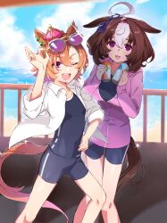  2girls :3 ;d @_@ ahoge animal_ears blue_one-piece_swimsuit breasts brown_hair can clothing_cutout collared_shirt commentary_request competition_school_swimsuit crown dojikko eyewear_on_head feet_out_of_frame hair_between_eyes hairband highres holding holding_can horse_ears horse_girl horse_tail large_breasts long_sleeves looking_at_viewer meisho_doto_(umamusume) mini_crown multiple_girls nanaheibei_3 one-piece_swimsuit one_eye_closed open_clothes open_mouth open_shirt orange_hair pink_hairband pink_sweater purple_eyes school_swimsuit shirt short_hair single_vertical_stripe smile sunglasses sweater swimsuit t.m._opera_o_(umamusume) tail tail_through_clothes tracen_swimsuit umamusume umamusume:_road_to_the_top white_hair white_shirt 