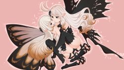  2girls absurdres airy_(bravely_default) anne_(bravely_second) annoyed antenna_hair ass ass_grab bare_shoulders black_footwear black_gloves black_leotard black_socks black_thighhighs black_wings blue_eyes boots bravely_default:_flying_fairy bravely_default_(series) bravely_second:_end_layer breast_press brown_hair butterfly_wings cheek-to-cheek cheek_squash cleft_of_venus clenched_teeth clothes_lift dress dress_lift elbow_gloves face-to-face fairy fairy_wings feet gloves gradient_hair grey_eyes hand_on_another&#039;s_head heads_together high_heels highres holding_hands hug insect_wings leg_lock legs leotard lifting_another&#039;s_clothes long_hair multicolored_hair multiple_girls no_panties no_shoes one_eye_closed pointy_ears pussy short_dress smile socks soles spicy_bardo strapless strapless_dress symmetrical_docking teeth thigh_boots thigh_strap thighhighs thighs toes white_dress white_hair white_wings wings yuri 