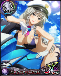  1girl blue_bow blue_sky bow braid breasts card_(medium) chess_piece cleavage cloud day detached_collar female_focus gloves grayfia_lucifuge grey_eyes grey_hair hair_bow hat high_school_dxd high_school_dxd_cross jet_ski large_breasts long_hair looking_at_viewer matching_hair/eyes mature_female necktie official_art outdoors quad_braids queen_(chess) red_lips sky smile solo sun torn_clothes twin_braids white_gloves 