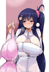  1girl alternate_breast_size black_bomberman black_hair blue_eyes blue_hair bombergirl bomberman bra breasts character_hair_ornament cleavage closed_mouth collared_shirt cowboy_shot grabbing_own_breast gradient_hair grey_tail hair_between_eyes hair_bobbles hair_ornament holding holding_bra holding_clothes holding_underwear huge_breasts kuro_(bombergirl) long_hair long_sleeves multicolored_hair one_side_up pink_bra shirt simple_background skirt solo spoken_blush tail taku_(yakumodaisuki) two-tone_hair underwear upper_body white_background white_shirt 