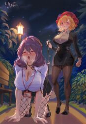  2girls absurdres aki_minoriko bdsm black_footwear black_pantyhose blonde_hair blush breasts crawling femdom fishnet_pantyhose fishnets fruit_hat_ornament grape_hat_ornament hat high-waist_skirt highres id_card large_breasts multiple_girls office_lady open_mouth orchid_(pixiv3730518) pantyhose purple_hair red_hat saliva shirt skirt thighs tongue tongue_out touhou wet wet_clothes wet_pantyhose white_shirt yasaka_kanako 