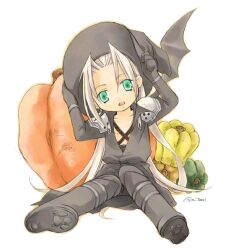  1boy adjusting_clothes adjusting_headwear aged_down armor arms_up black_coat black_footwear black_hat boots chest_strap child coat dated final_fantasy final_fantasy_vii gourd green_eyes grey_hair halloween hat knee_boots knees_together_feet_apart long_hair looking_at_viewer male_focus open_mouth orange_outline pauldrons paw_print_soles pumpkin sephiroth shoulder_armor signature sitting source_request teeth toujou_sakana upper_teeth_only very_long_hair white_background witch_hat 