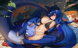  1girl animal animal_ears areola_slip blue_gloves blue_hair blue_thighhighs blush breasts crab crescent crescent_hair_ornament elbow_gloves gloves greatodoggo hair_ornament hair_over_one_eye highres indie_virtual_youtuber large_breasts long_hair looking_at_viewer lying navel on_back red_eyes smile solo spread_legs star_(symbol) star_hair_ornament starry_hair tail thighhighs vienna_(vtuber) vienna_(vtuber)_(4th_costume) virtual_youtuber 